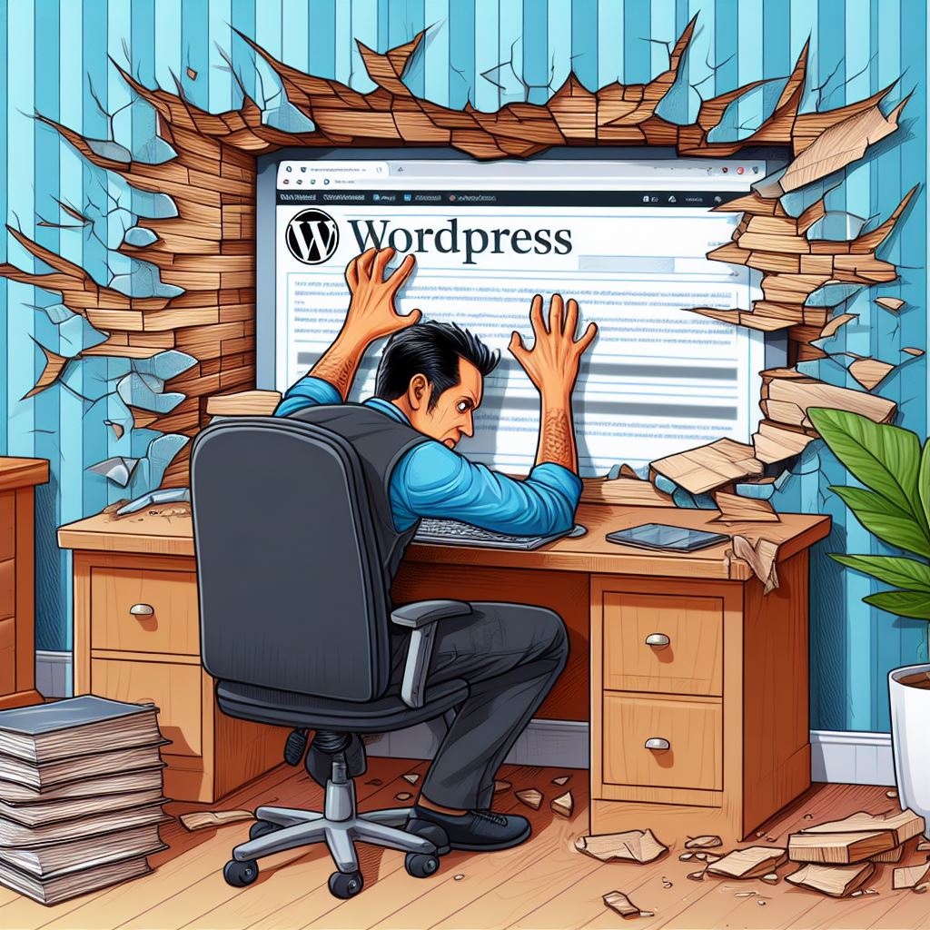 un hombre usando una página web hecha con wordpress que se ha roto. La persona está en su casa, en un despacho y la pared detrás suyo se está resquebrajando