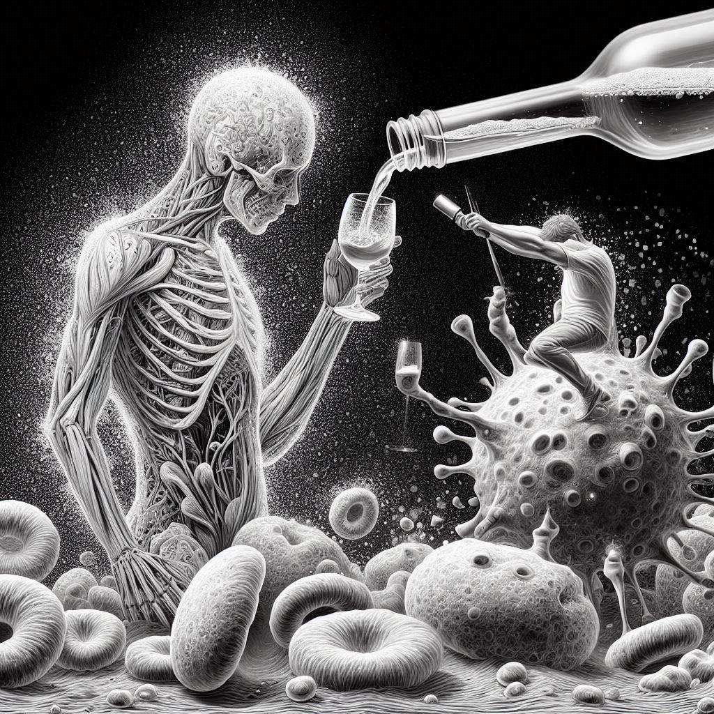 una imagen dramática que represente la lucha de las células humanas contra el alcohol en el organismo, en estilo de dibujo