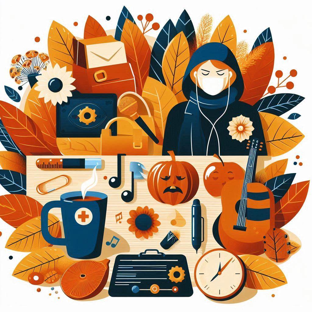 Ilustración de otoño con elementos que reflejen bienestar personal y laboral, superación de un resfriado, y reflexión sobre un podcast personal