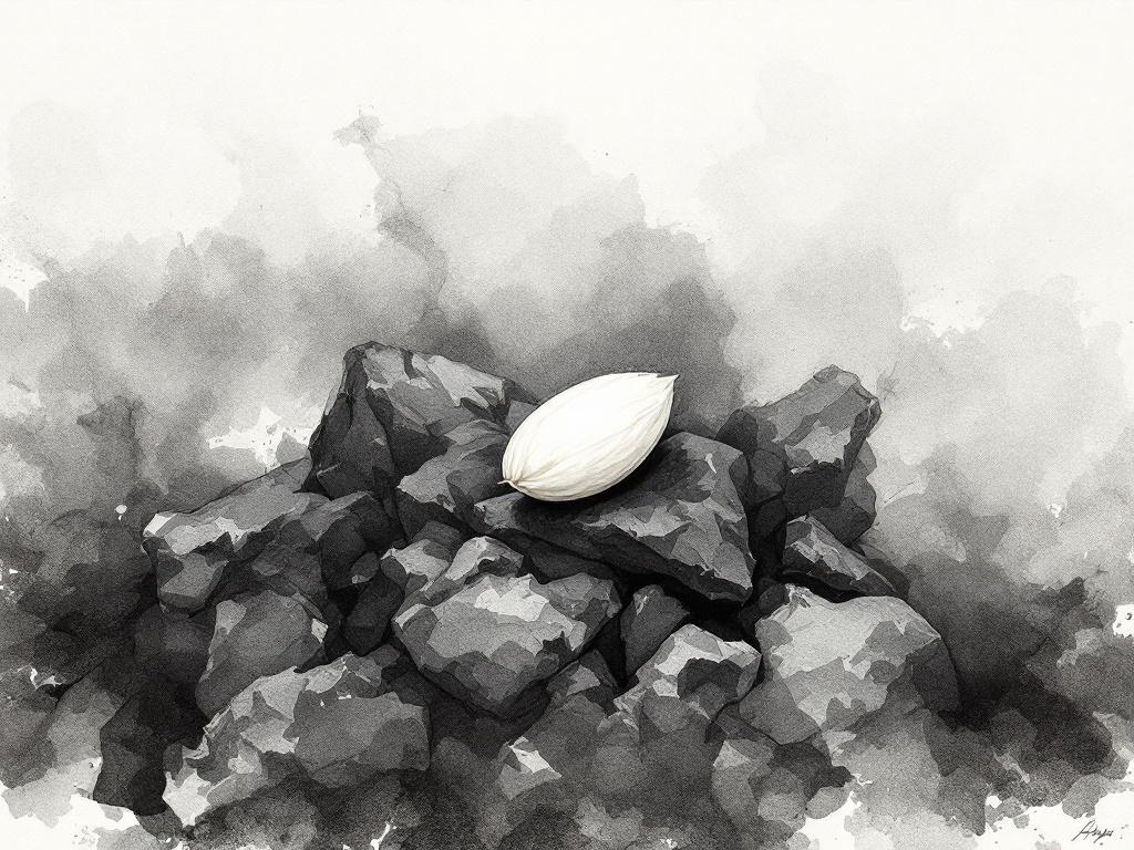 Un grano blanco en un montón de ceniza